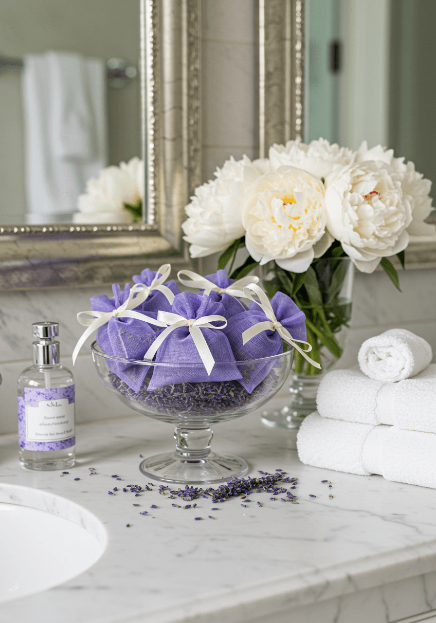 Purple lavender sachets with ivory organza ribbons arranged in crystal bowl beside white peonies