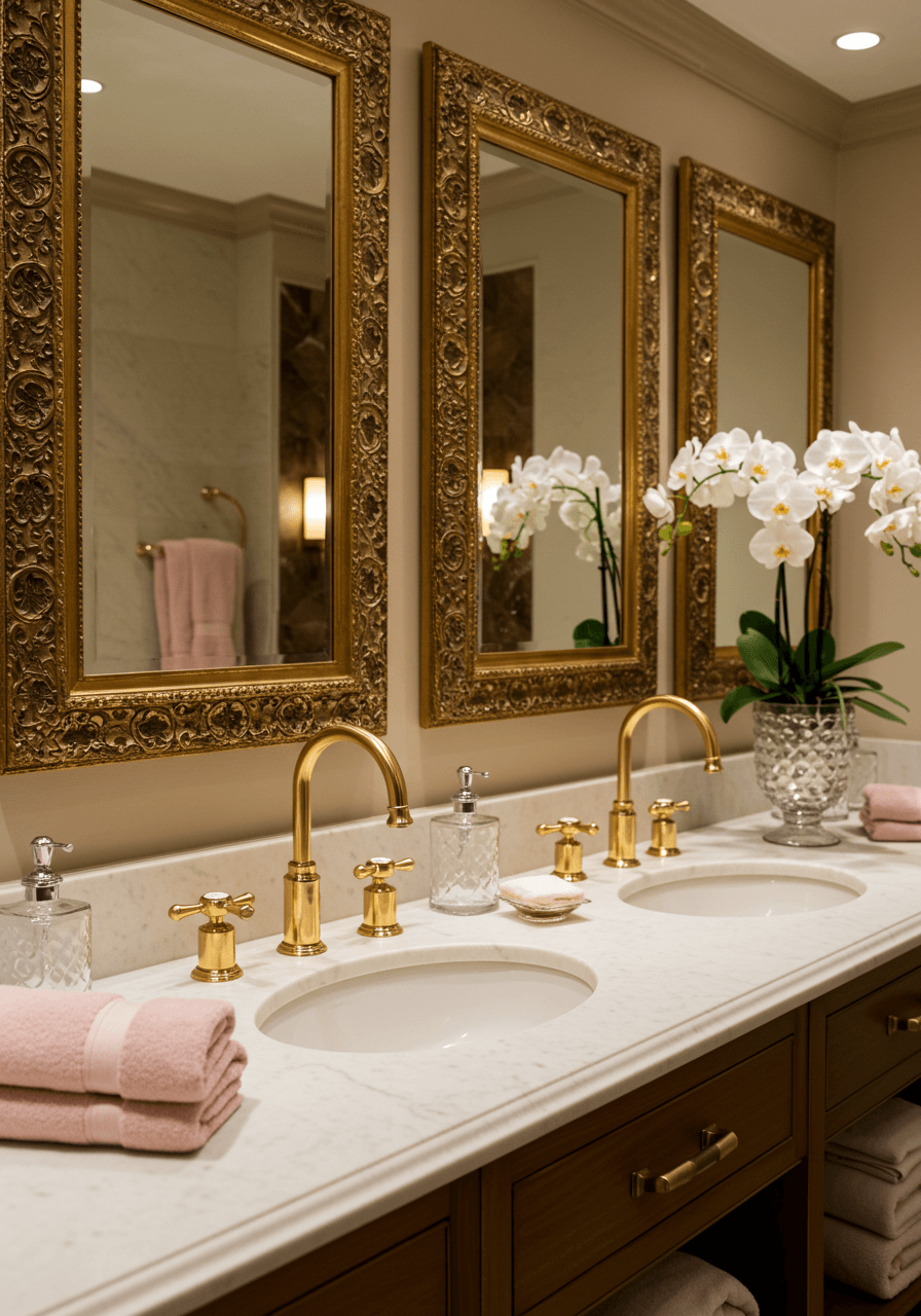 Luxurious polished gold faucets and ornate mirror frames in upscale wedding venue powder room