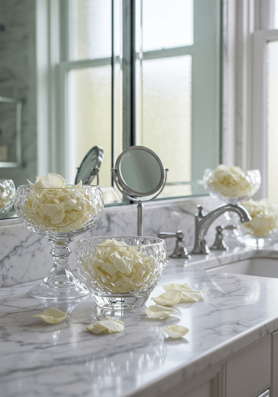 Cut crystal decorative bowls filled with white rose petals on marble vanity with mirror accents