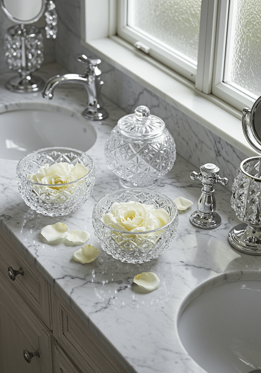 Overhead view of geometric crystal bowls with ivory rose petals and pearl accents on marble