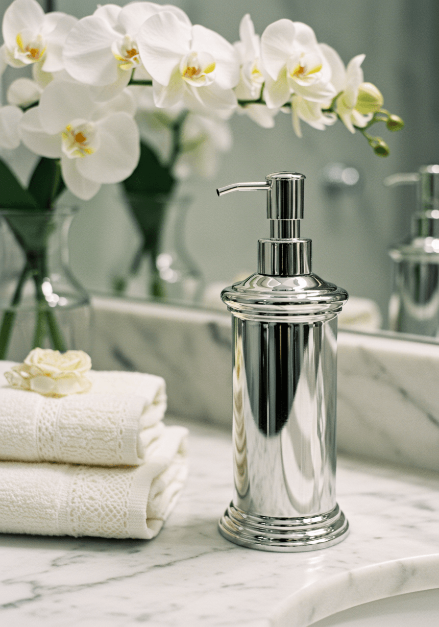 Luxurious chrome soap dispenser with elegant pump beside white orchids on marble countertop