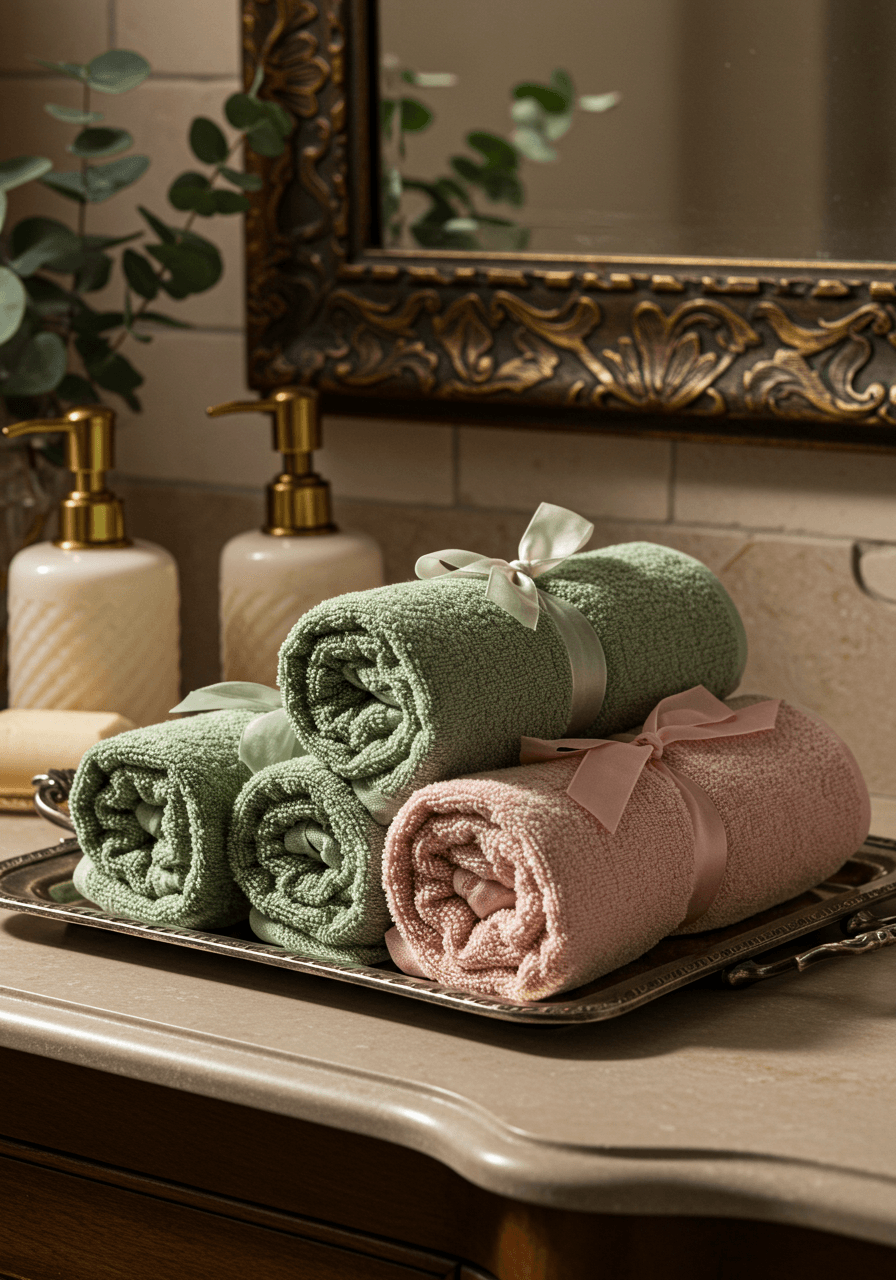Close-up of sage and blush rolled towels tied with silk ribbons beside ornate soap dispensers