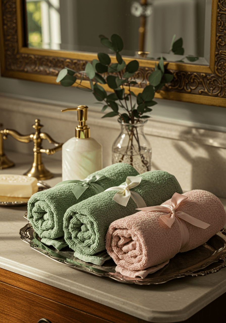 Rolled terry cloth towels in sage green and blush pink with silk ribbons on vintage silver tray