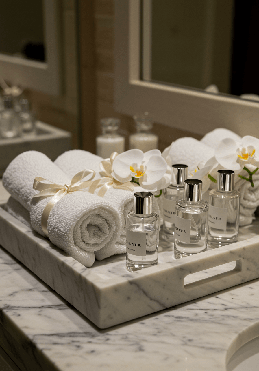 Luxury marble tray displaying rolled white towels and glass bottles with white orchids