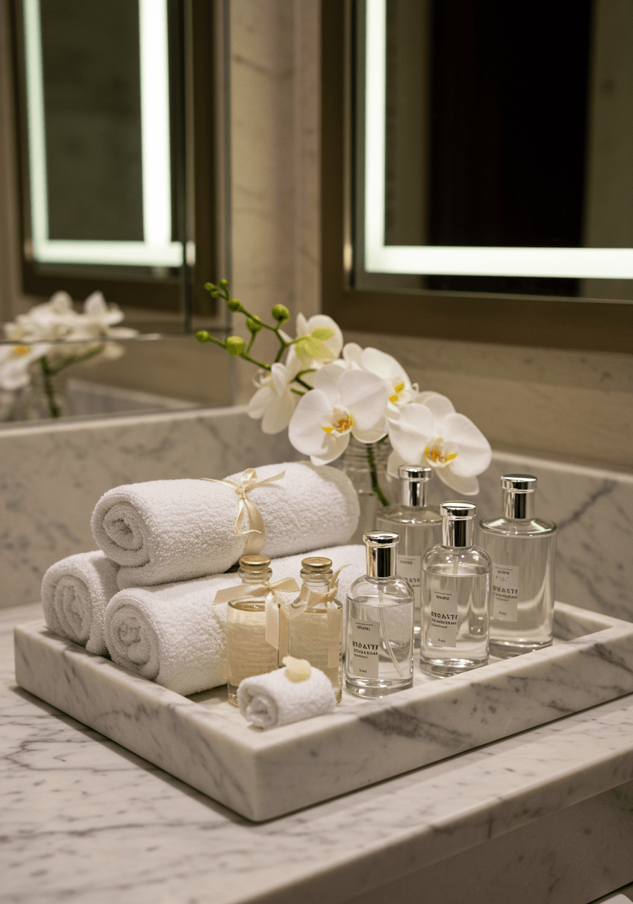 Wide shot of elegant marble tray arrangement with coordinated wedding restroom amenities