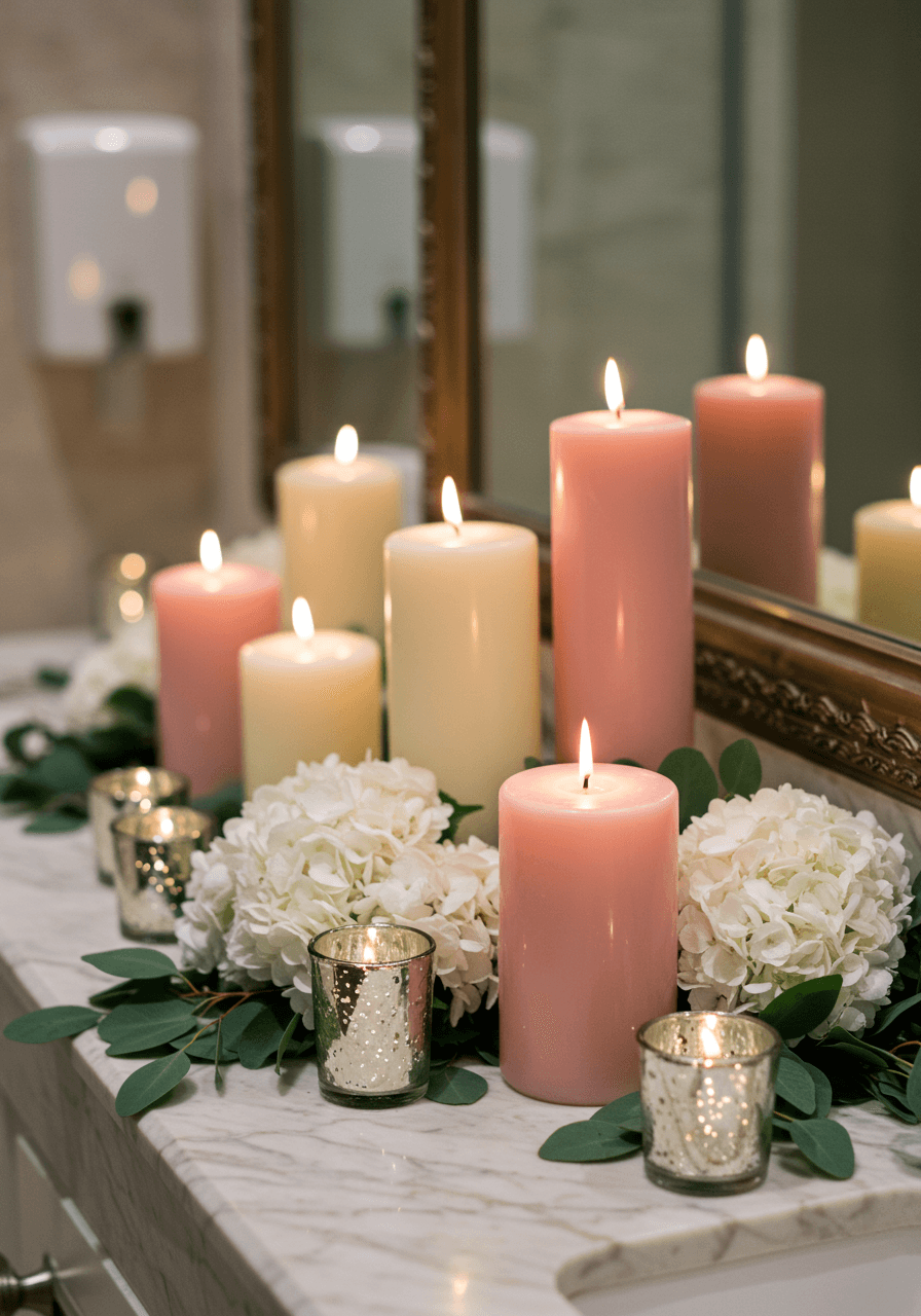 Ivory and blush pillar candles in varied heights among white hydrangeas and eucalyptus on marble