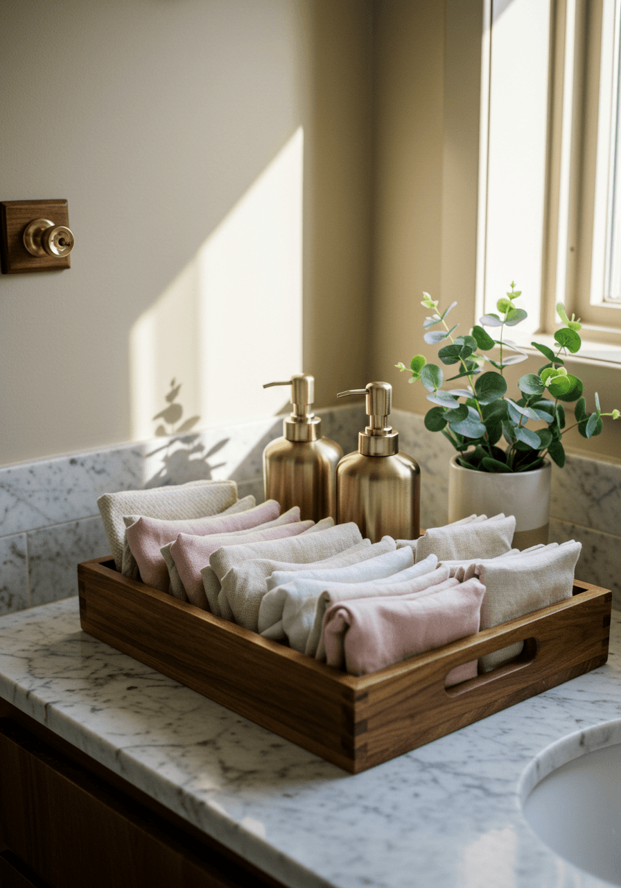 Ivory and blush linen napkins artfully arranged in wooden tray with gold soap dispensers and eucalyptus