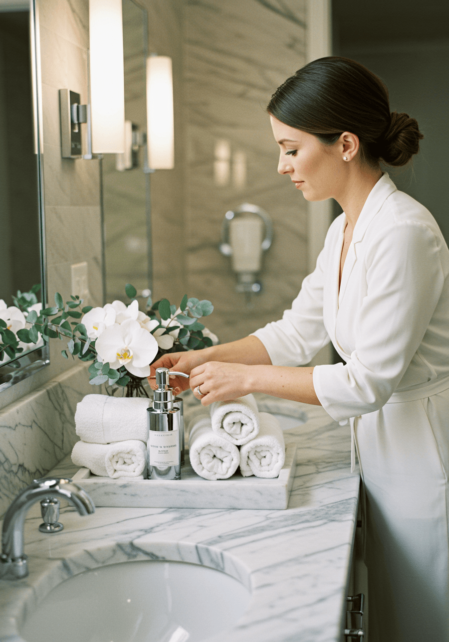 Close-up of hands styling wedding restroom vanity tray with orchids and amenities