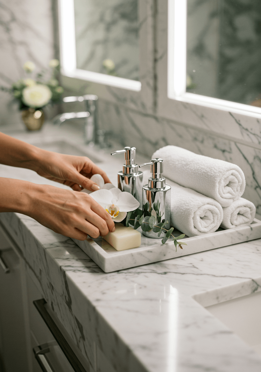 Woman's hands carefully placing white orchids beside luxury soap dispensers on marble tray