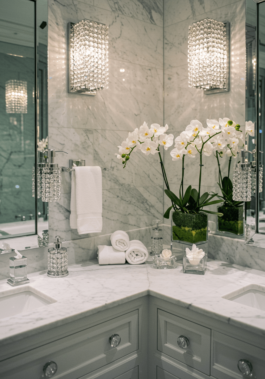Luxury crystal soap dispensers and towel holders mounted on pristine white marble walls