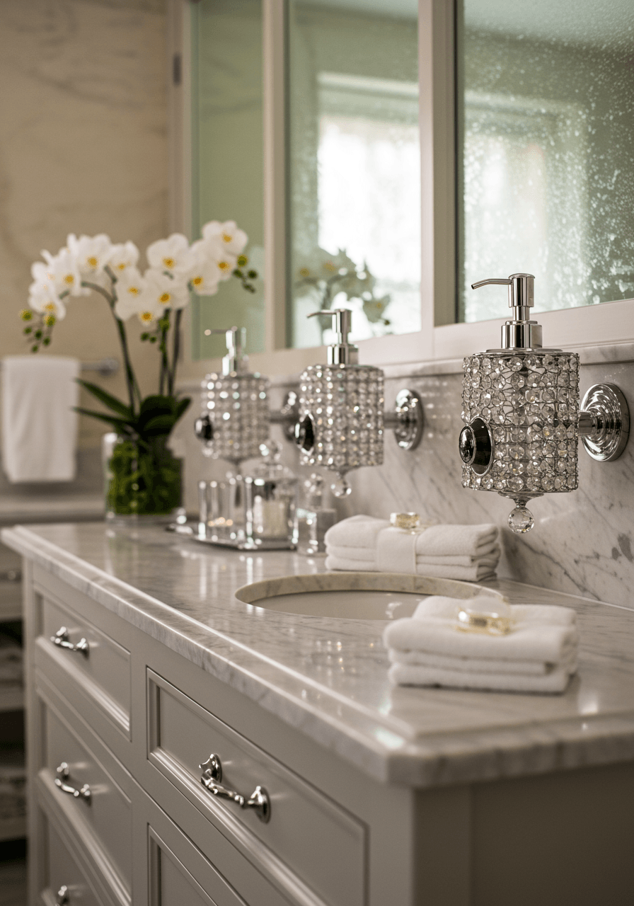 Close-up of crystal-faceted soap dispenser with fresh white orchids in crystal vase