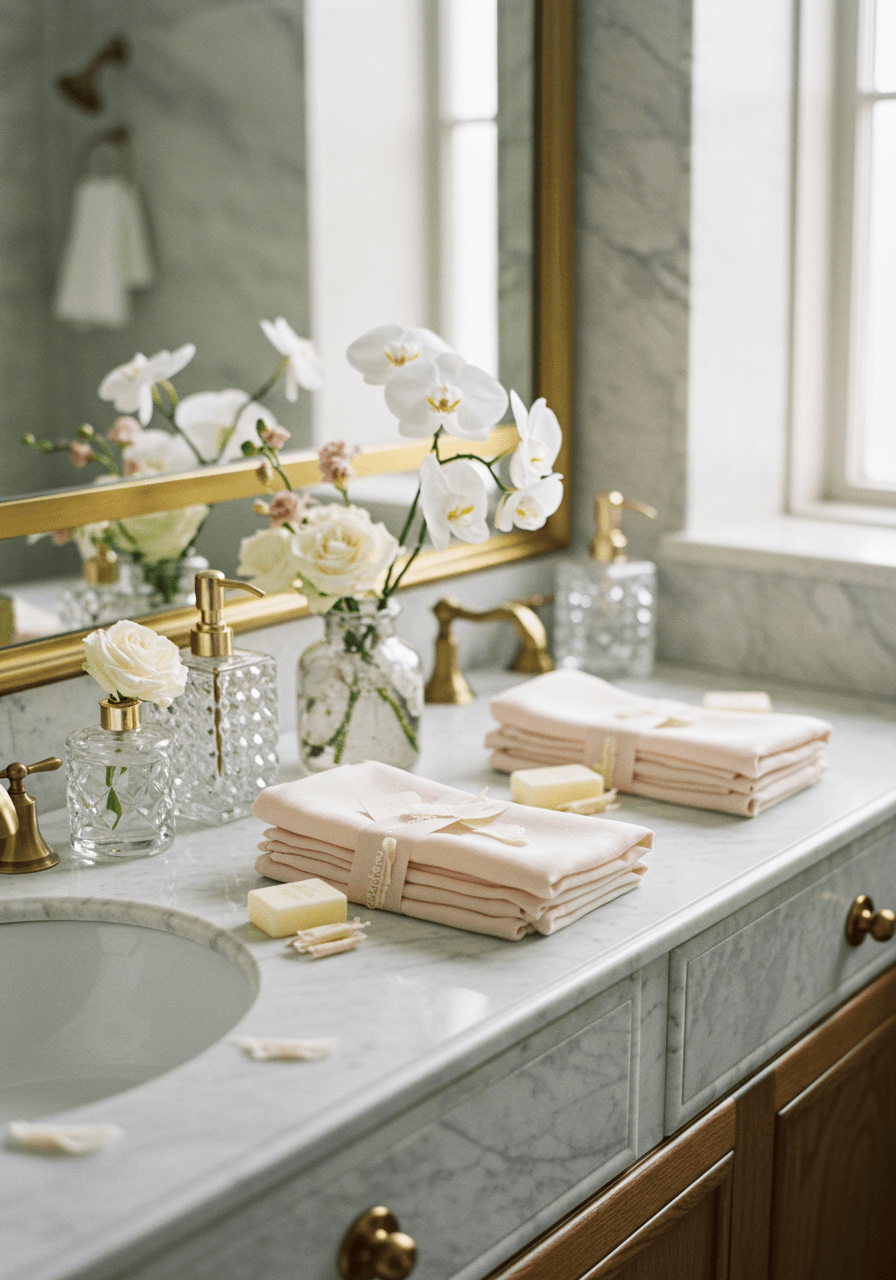 Elegant linen napkins in soft ivory and blush tones beside luxury hand soaps on marble vanity