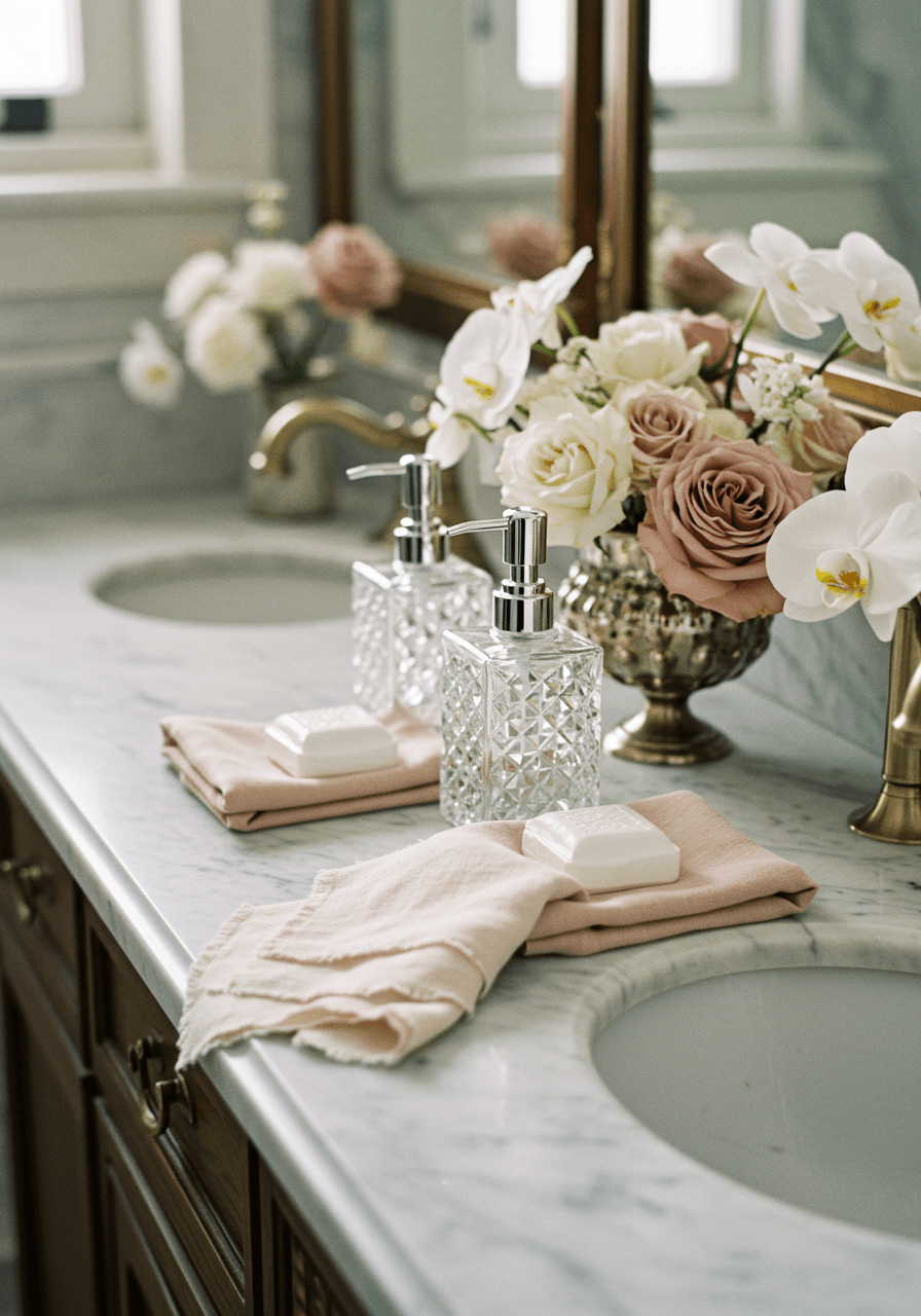 Close-up of folded ivory and dusty rose linen napkins with crystal soap dispensers and orchids