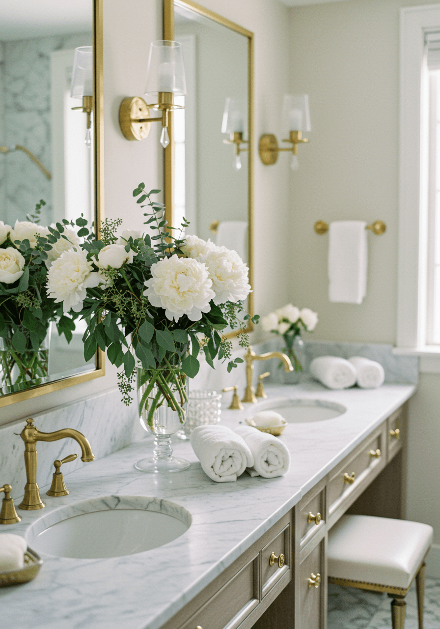 White peonies and blush roses in crystal vases beside gold fixtures on marble vanity with rolled towels