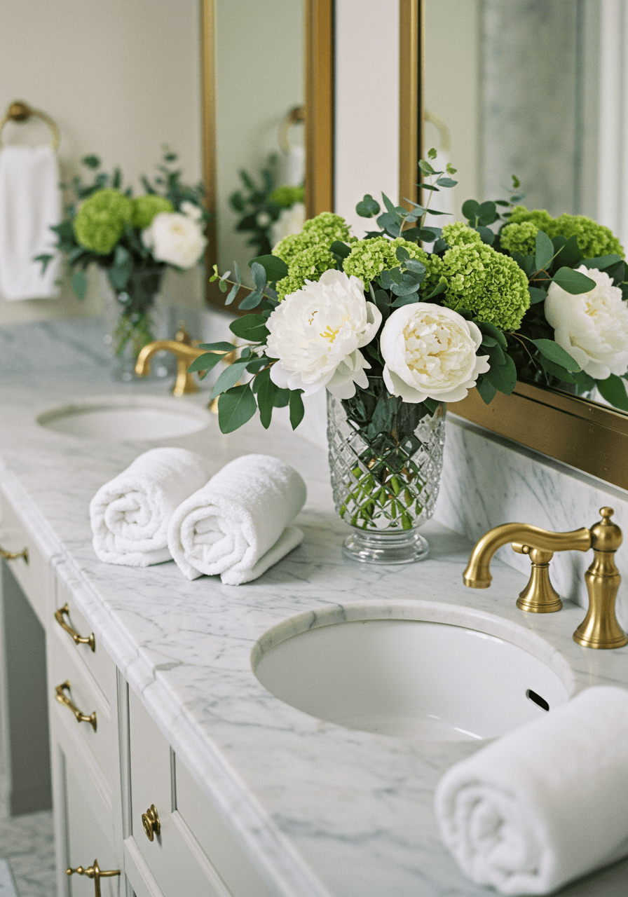 Aerial view of luxury vanity with peony arrangements and coordinated white linens