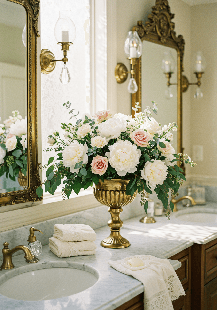 White peonies and blush roses in gold-rimmed vase beside brass fixtures on marble vanity