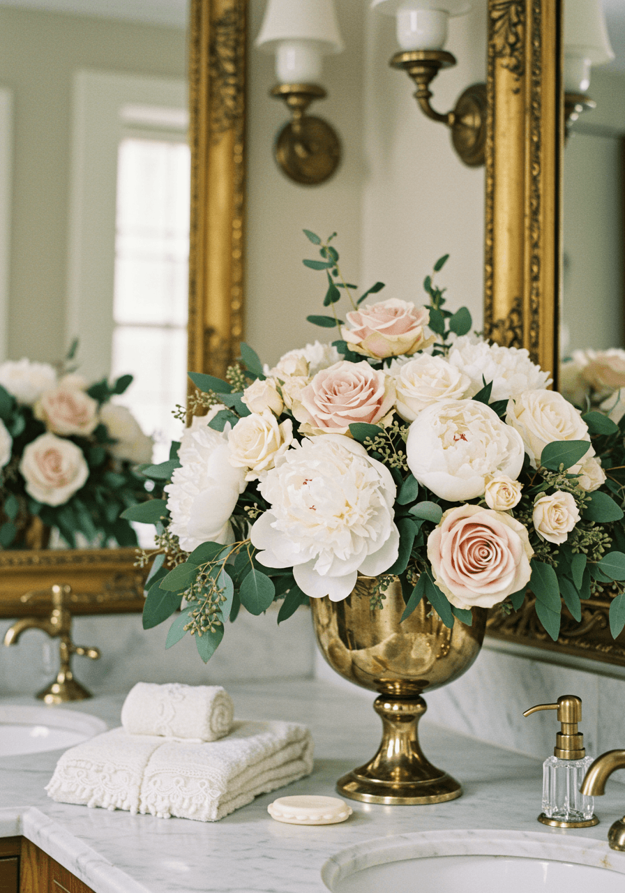 Elegant floral arrangement with white peonies and eucalyptus near ornate brass fixtures