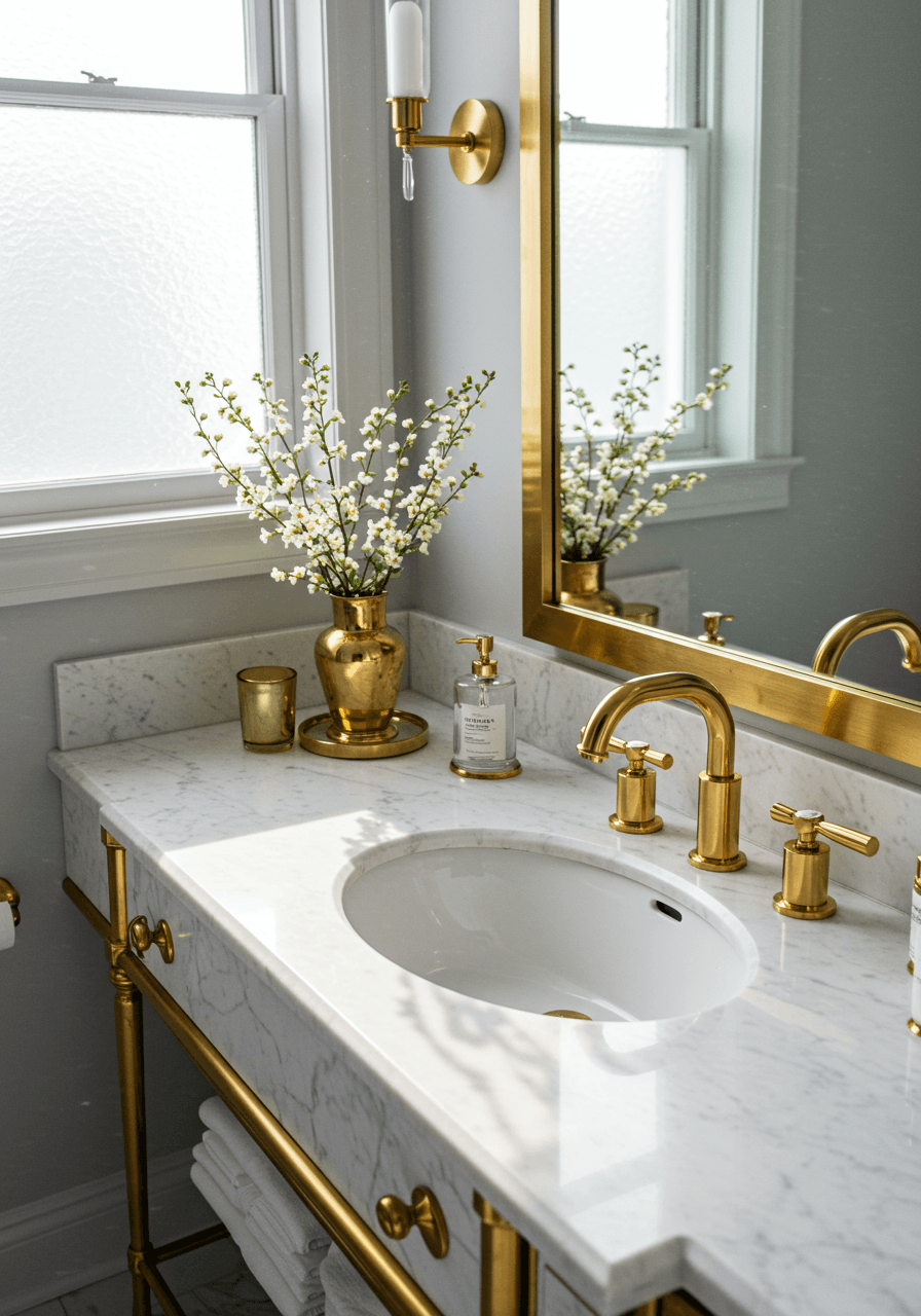 Wide shot of sophisticated gold vanity setup with marble countertops and natural window light