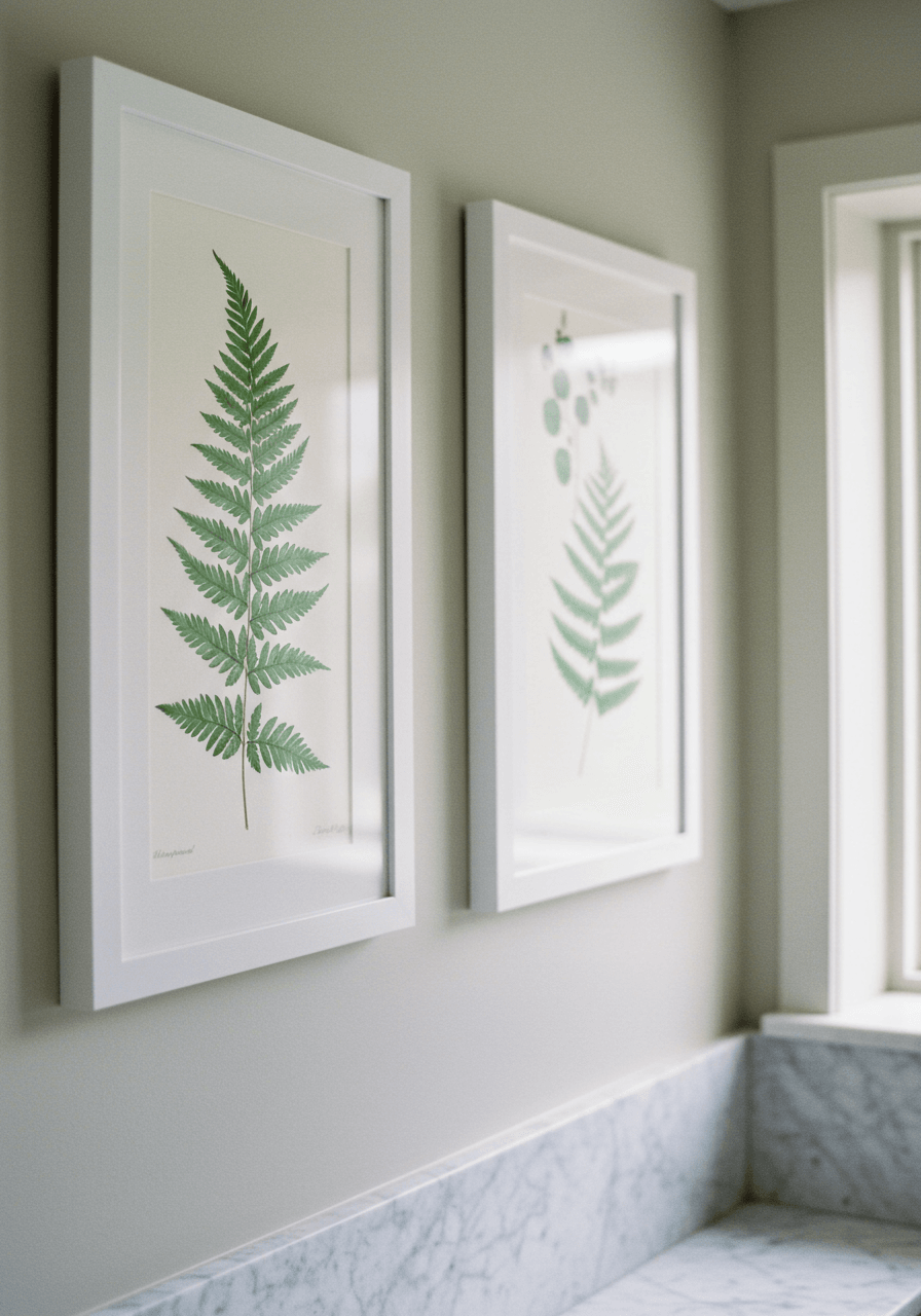 Close-up of delicate fern botanical artwork in white frame above marble vanity