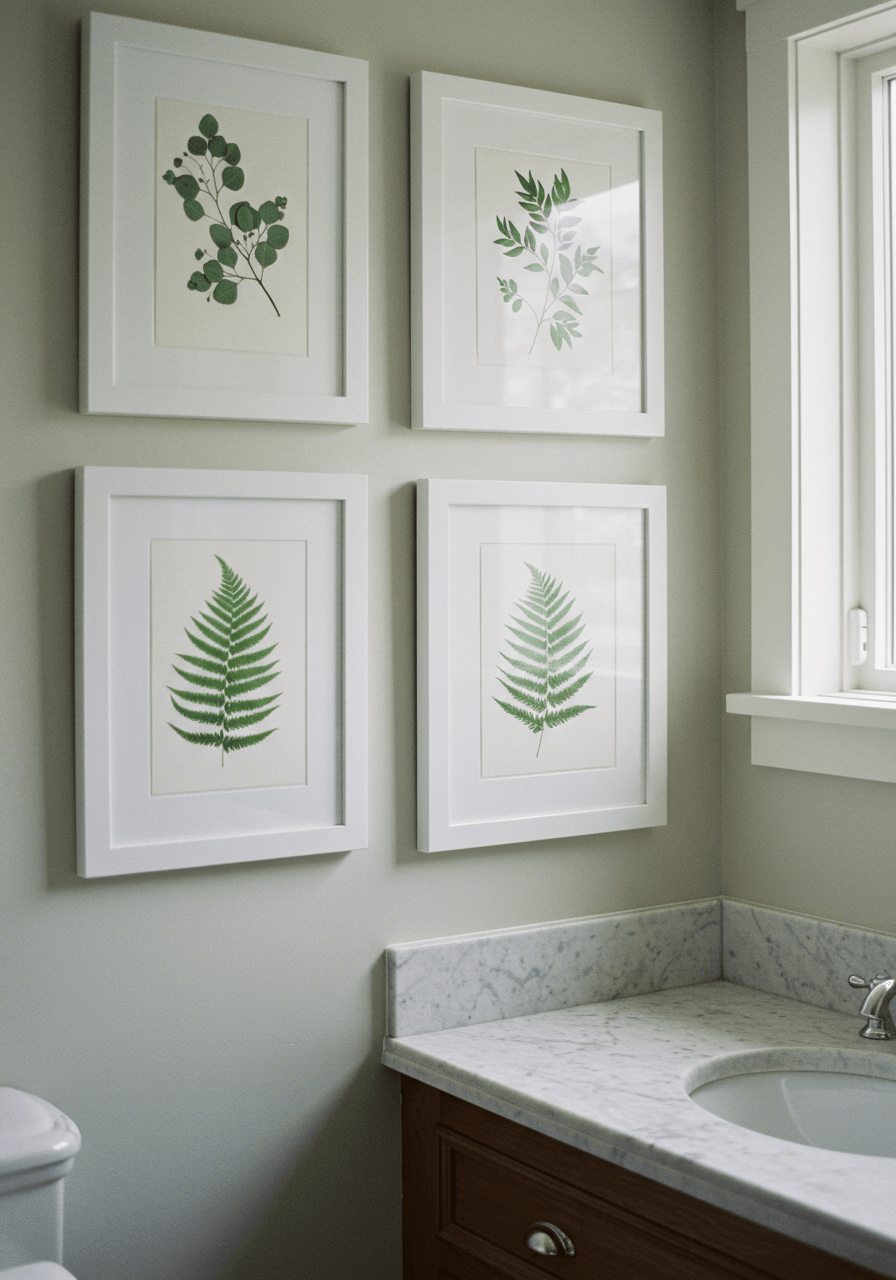 Elegantly framed botanical prints featuring ferns and eucalyptus on upscale wedding restroom wall