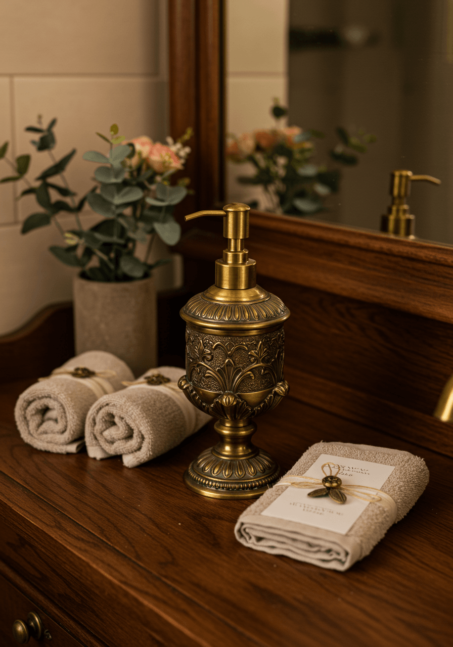 Ornate vintage brass soap dispenser with intricate detailing on wooden vanity with amenities