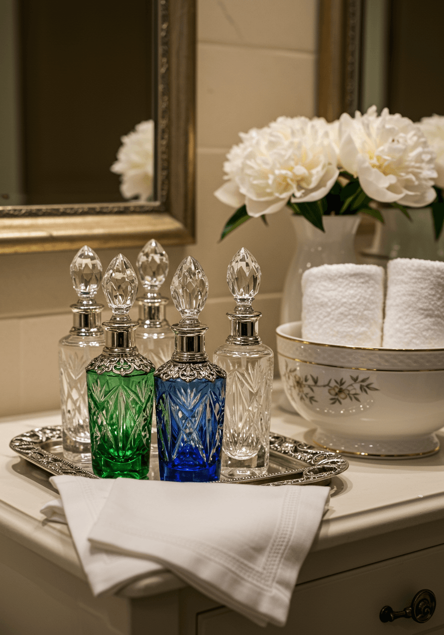 Vintage cut-crystal perfume bottles with silver caps on white linen tray beside towel basket