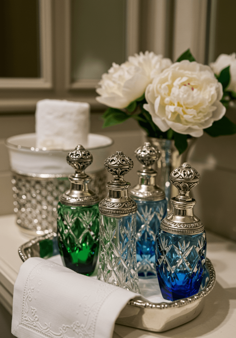 Close-up of emerald and sapphire crystal perfume bottles with ornate silver detailing
