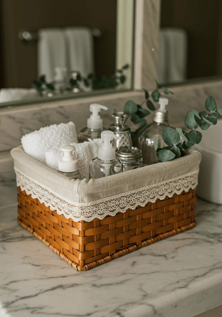 Vintage wicker basket with delicate lace liner containing luxury restroom amenities on marble