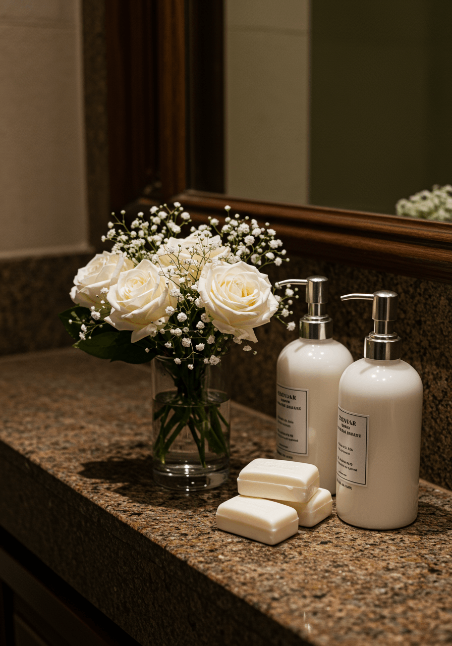 Detail shot of delicate white rose arrangement with luxury amenities on polished stone counter