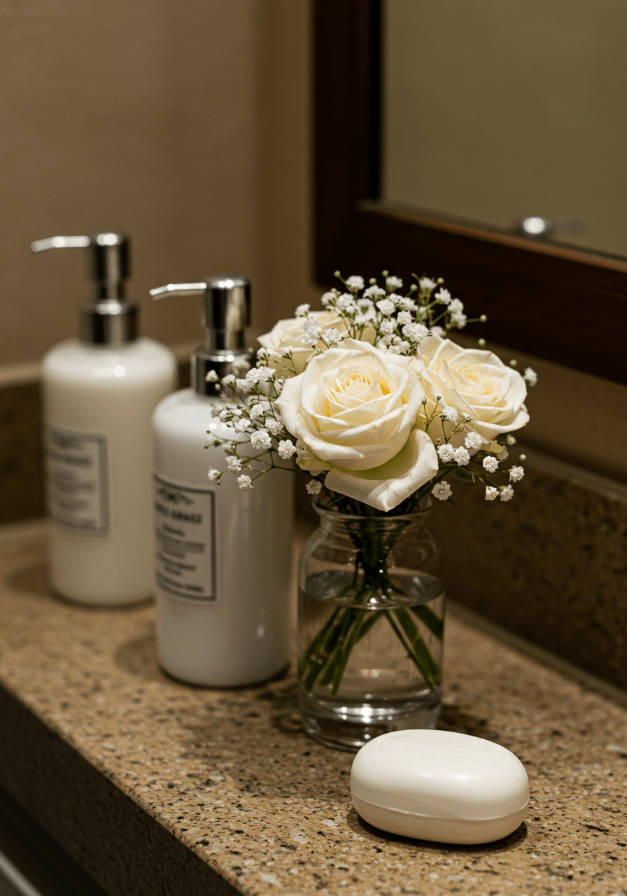 Close-up of white roses and baby's breath in glass vessel beside luxury hand soap dispensers