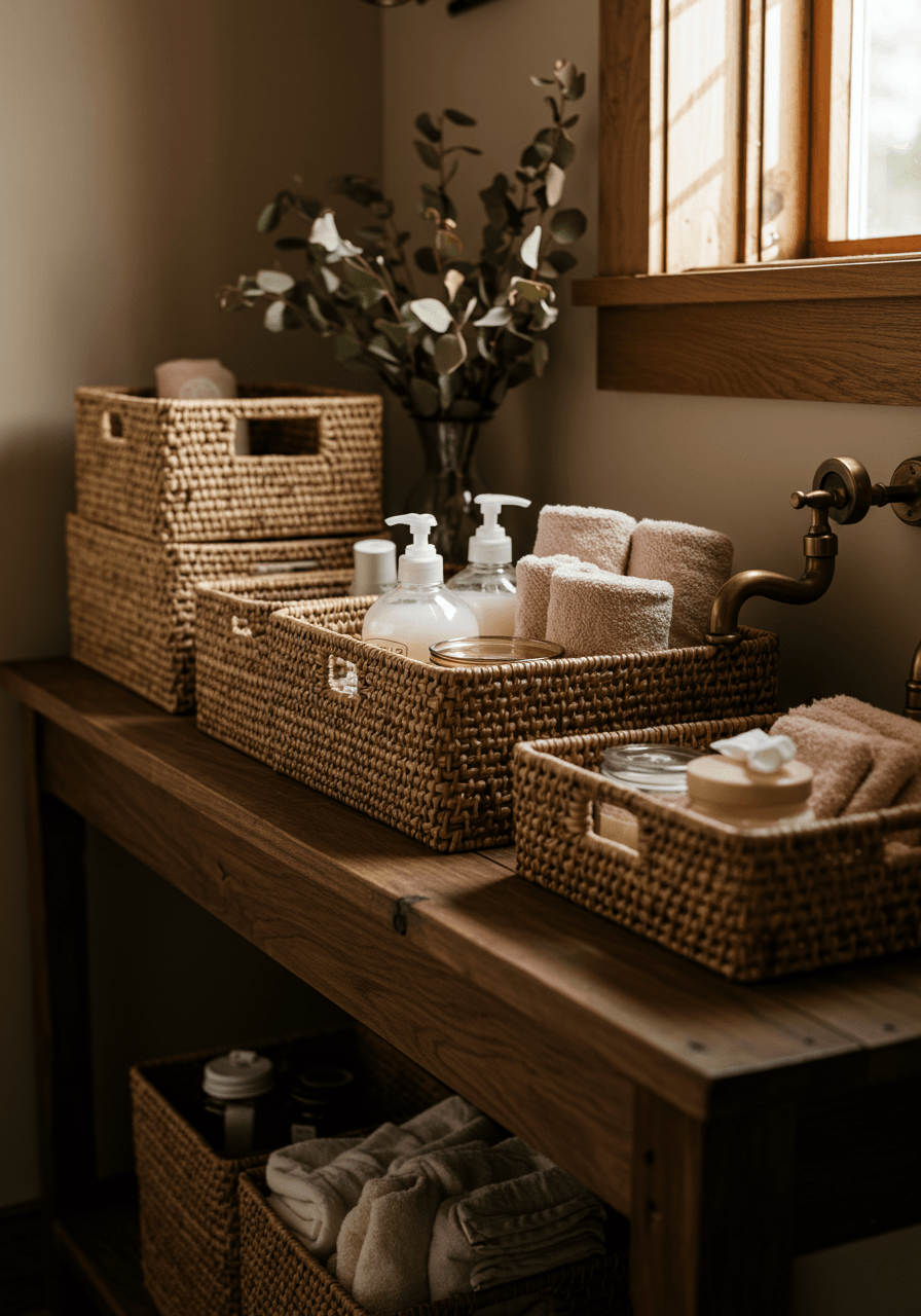 Close-up of wicker basket texture with cream linens and dried eucalyptus on bathroom counter