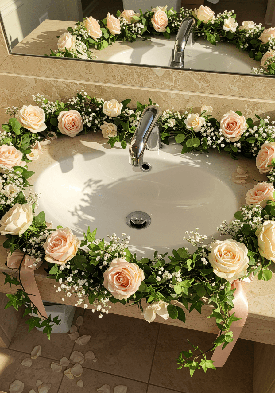 Overhead view of white sink with cascading garden roses and ivy garlands draped around mirror