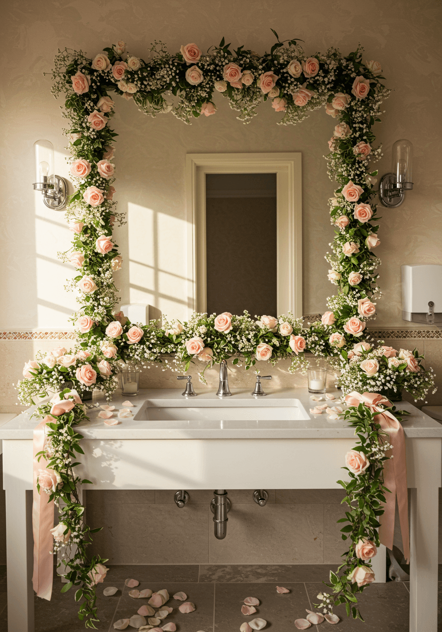 Floral installation of roses and baby's breath cascading along mirror edges above sink
