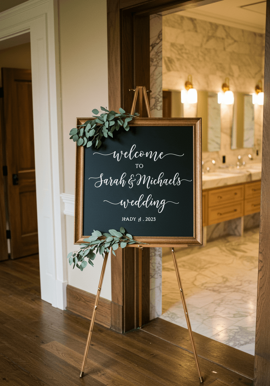 Personalised wedding welcome sign with elegant calligraphy on rustic easel beside restroom entrance