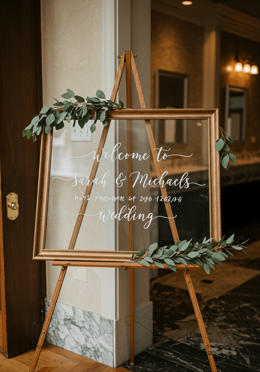 Close-up of hand-lettered wedding welcome sign with eucalyptus garland details