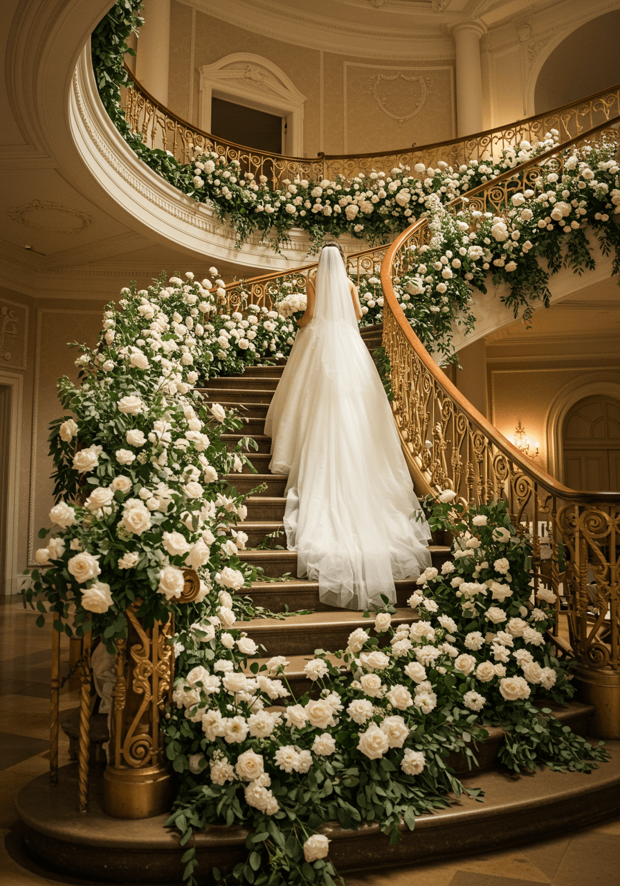 Bride ascending rose-covered marble steps with flowing white tulle and golden railings