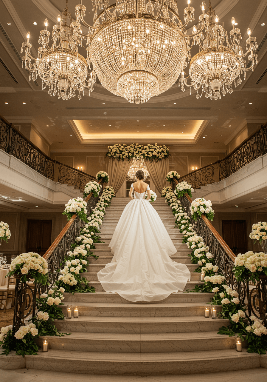 Elegant bride in flowing white gown ascending grand marble staircase with white rose runners under sparkling crystal chandeliers