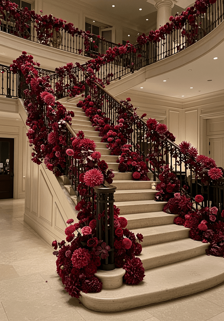 Curved staircase with elaborate wrought iron railings adorned with burgundy dahlia installations in grand foyer