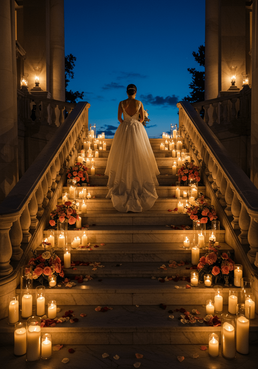 Bride in elegant flowing gown walking up candlelit marble staircase with scattered rose petals during twilight