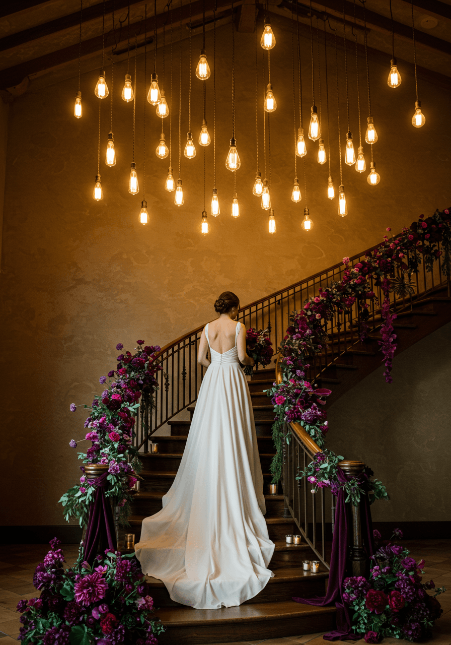 Bride in elegant gown ascending curved staircase with jewel-toned florals under vintage Edison bulb lighting