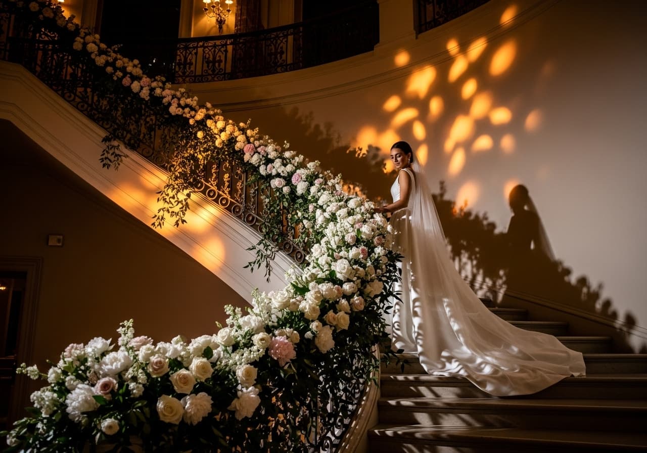 15 Wedding Staircase Entrances with Floral Installations and Dramatic Lighting