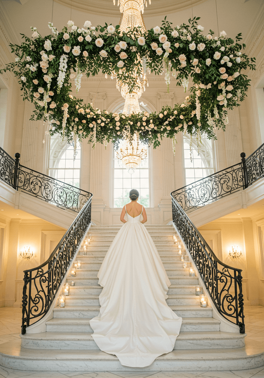 Bride in flowing white gown ascending marble steps beneath dramatic suspended floral arch in grand mansion foyer