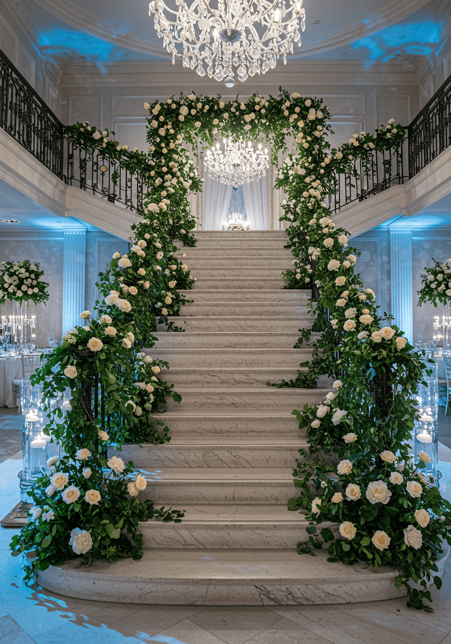 Bride at top of ivy-covered staircase under ethereal moonlight with trailing greenery and white flowers