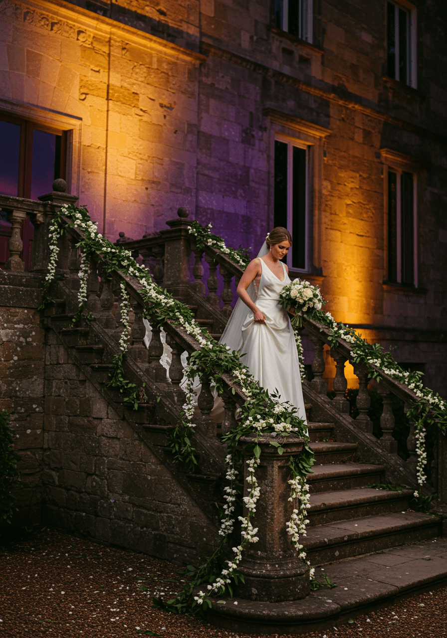 Bride in ivory silk gown descending stone staircase wrapped in jasmine garlands under dramatic purple uplighting