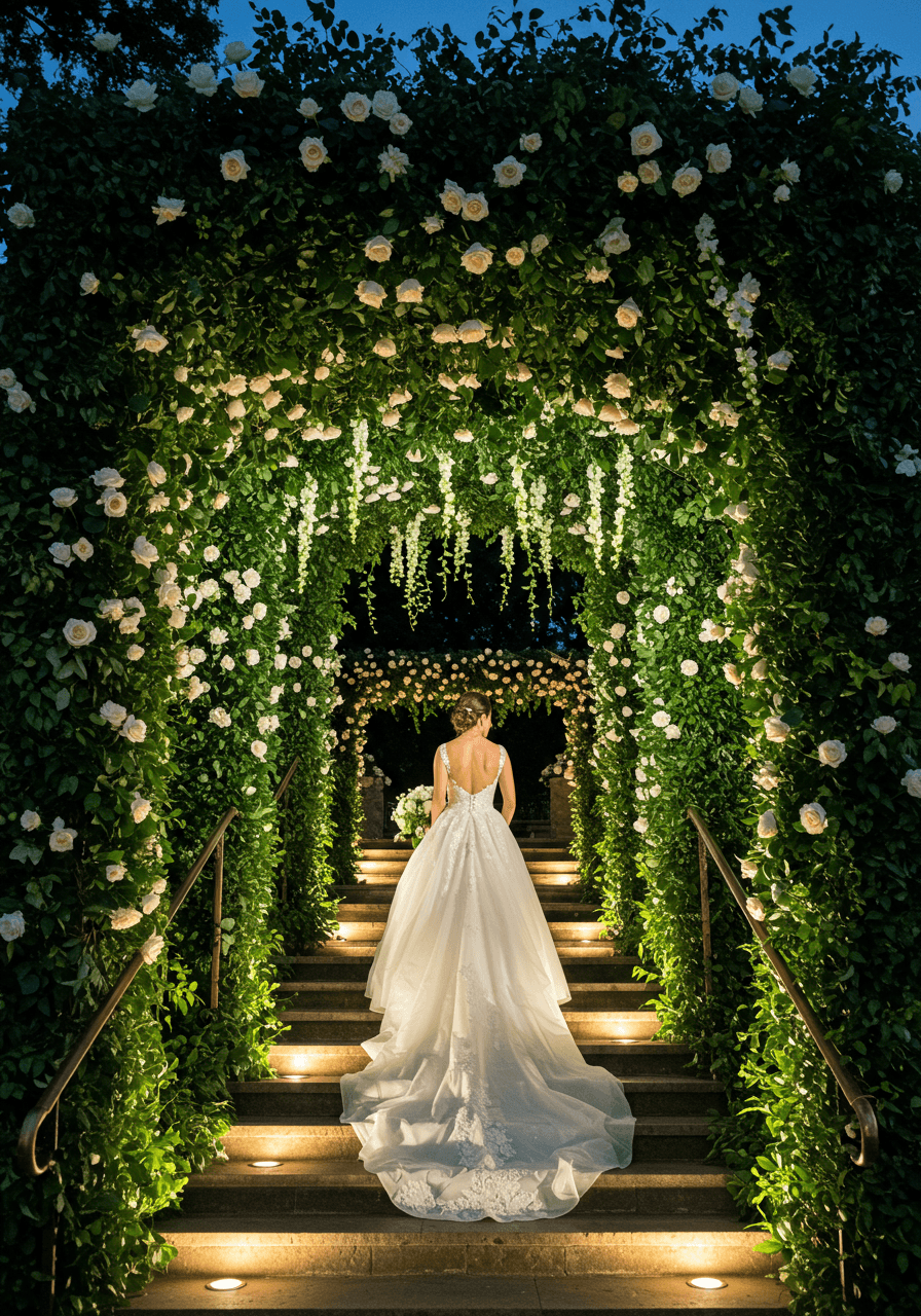 Bride walking down illuminated stone staircase flanked by vertical garden installations with white hydrangeas