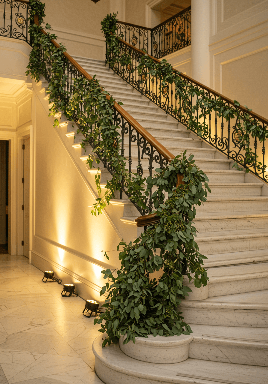 Grand marble staircase with cascading eucalyptus garlands illuminated by warm golden uplighting in elegant mansion foyer