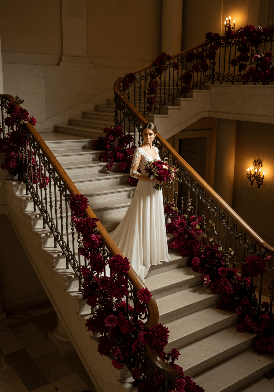 Bride gracefully ascending grand staircase with burgundy dahlia arrangements and ornate iron balusters during golden hour