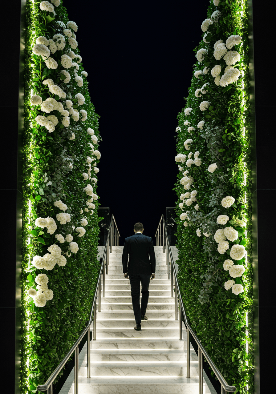 Groom in classic tuxedo descending marble staircase between vertical garden installations with white hydrangeas and LED lighting