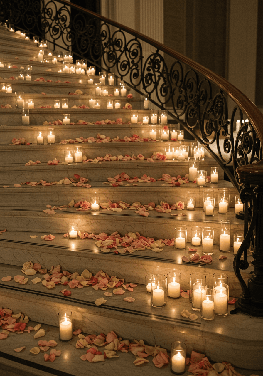 Close-up view of cream and blush rose petals flowing down white marble steps with crystal candle holders
