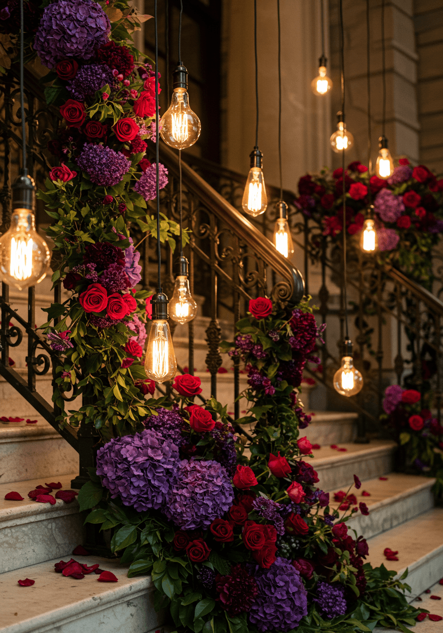 Sweeping view of ornate staircase entrance with ruby roses, amethyst hydrangeas, and vintage Edison bulb illumination